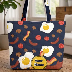 Personalized Breakfast Food Fried Egg Bacon Sausage Everyday Carry Gift Quilted Tote Bag