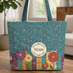 Whimsical Storybook Spines Quilted Floral Garden Leaves Berry Clusters - Everyday Carry Gift Quilted Tote Bag