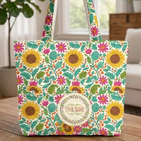 Folk Art Stylized Sunflower Daisy Name Wreath Botanical Garden Everyday Carry Gift Quilted Tote Bag