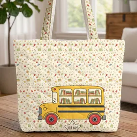School Bus Bookshelf Name Plate - Back to School Teacher Student Gift Quilted Tote Bag