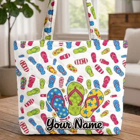 Colorful Cartoon Flip-Flops Stripes Flowers - Travel Essentials Gift Quilted Tote Bag