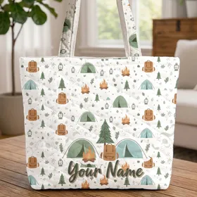 Personalized Camping Scene Tents Campfire Backpack - Everyday Carry Gift for Campers Quilted Tote Bag