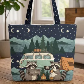 Raccoons Camping Camper Van - Travel Essentials for Camping Lover Quilted Tote Bag