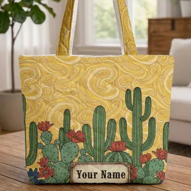 Desert Cactus Sand Dune Personalized Plaque - Everyday Carry Gift for Cactus Lover Quilted Tote Bag