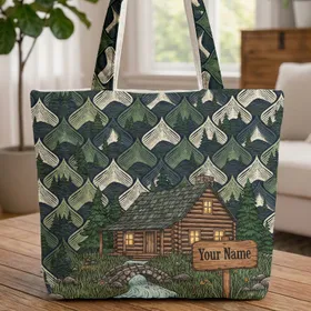 Rustic Log Cabin Mountain River Wooden Sign - Everyday Carry Gift for Outdoors Lover Quilted Tote Bag