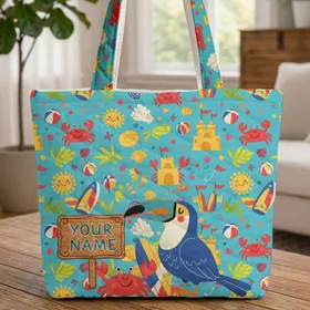 Toucan Red Crab Surfboard Beach Scene - Travel Essentials for Beach Lover Quilted Tote Bag