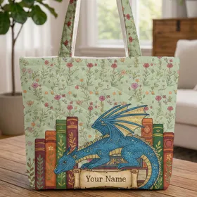 Blue Dragon Stacked Books Wildflower Personalized - Book Lover Everyday Carry Gift Quilted Tote Bag