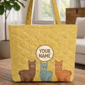 Storybook Three Alpacas Organic Swirls Circle Border Everyday Carry Gift for Alpaca Lover Quilted Tote Bag