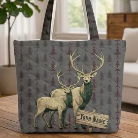 Stags Pine Antlers Personalized Name - Deer Lover Everyday Carry Gift Quilted Tote Bag