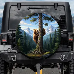 Mother Bear Cubs Climbing Pine Tree Mountains - Wildlife Lover Gift Spare Tire Cover