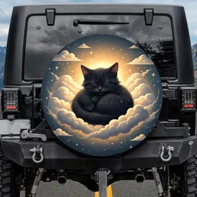 Fluffy Black Kitten Sleeping Celestial Clouds Stars - Cat Lover Car Decor Gift Spare Tire Cover