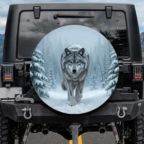 Majestic Grey Wolf Piercing Blue Eyes Misty Winter Forest - Wildlife Lover Gift Spare Tire Cover