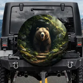 Grizzly Bear Mossy Cave Ancient Forest Wilderness Lush Greenery - Wildlife Lover Gift Spare Tire Cover