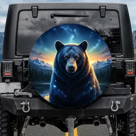 Majestic Black Bear Pine Forest Lake Mountains Night Sky - Wildlife Lover Gift Spare Tire Cover
