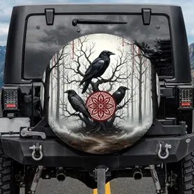 Black Ravens Crimson Emblem Ancient Trees Eerie Forest - Dark Fantasy Fan Gift Spare Tire Cover