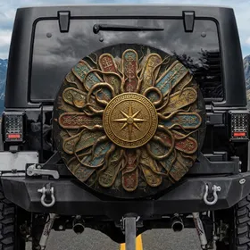Golden Medallion Compass Rose Greek Key Serpentine Vines Ancient Symbols - History Lover Gift Spare Tire Cover