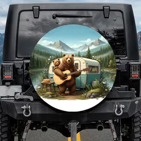 Brown Bear Guitar Camper Wildflower Forest - Camping Lover Gift Spare Tire Cover