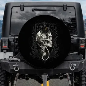 Gothic Human Skull Vertebral Spine Black Lily Pearl - Macabre Car Decor Gift Spare Tire Cover