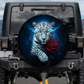 White Leopard Blue Spots Electric Eyes Dark Red Rose Dark Foliage - Wildlife Lover Gift Spare Tire Cover