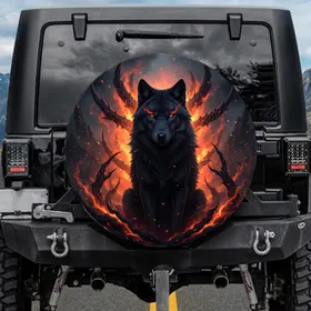 Black Wolf Glowing Red Eyes Fiery Tendrils Jagged Horns Dark Fantasy - Wildlife Lover Gift Spare Tire Cover