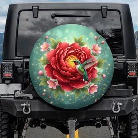 Ruby Hummingbird Red Peony Flower - Garden Decor Gift for Bird Watcher Spare Tire Cover