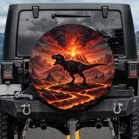 Tyrannosaurus Rex Roaring Volcano Apocalyptic Sunset - Dinosaur Fan Gift Spare Tire Cover