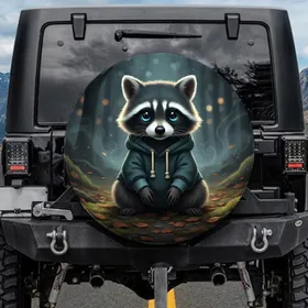 Fluffy Baby Raccoon In Dark Teal Hoodie Blue Eyes - Rustic Nocturnal Forest Wildlife Lover Gift Spare Tire Cover