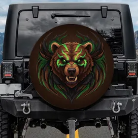 Brown Wolverine Bear Head Green Eyes Green Stripes - Outdoor Enthusiast Gift Spare Tire Cover