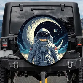 Astronaut American Flag Space Moon Lunar Landscape - Retro Explorer Gift Spare Tire Cover