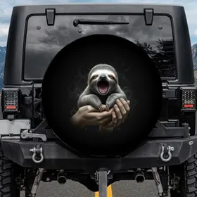 Deep Black Background Light Gray Fur Baby Sloth Yawning in Human Hands - Wildlife Lover Gift Spare Tire Cover