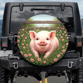 Cute Baby Pig Smiling - Green Grass Pink Flowers Farmhouse Decor for Pig Lover Spare Tire Cover