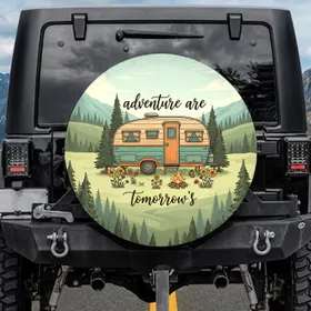 Vintage Travel Trailer Campfire Wildflowers - Adventure Lover Gift Spare Tire Cover