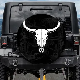 Western Desert Bull Skull Curving Horns Cactus Tumbleweed - Outdoor Vehicle Decor Gift Spare Tire Cover