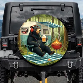 Camping Black Bear Beer Camper Grill Flamingo - Outdoor Road Trip Gift Spare Tire Cover