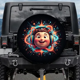 Cartoon Face Oversized Headphones Music Waves Notes - Music Lover Gift Spare Tire Cover