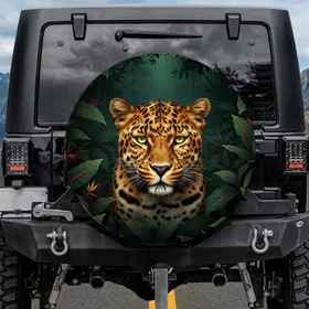Vibrant Orange Leopard Head Tropical Jungle Foliage - Wildlife Lover Gift Spare Tire Cover