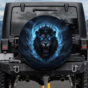 Ferocious Roaring Dark Lion Head with Crown, Electric Blue Eyes - Adventure Enthusiast Gift Spare Tire Cover