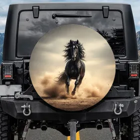 Muscular Black Horse Galloping Sand Dust Motion - Wildlife Lover Gift for Horse Lovers Spare Tire Cover