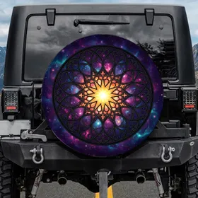 Stained Glass Cosmic Rosette Golden Star Galaxy - Astronomy Lover Gift Spare Tire Cover