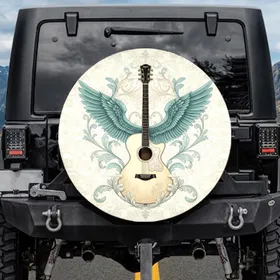 Acoustic Guitar Feathered Wings Rococo Floral - Music Lover Gift Spare Tire Cover