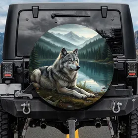 Majestic Gray Wolf Pine Forest Alpine Lake Mountain Peaks Landscape - Wildlife Lover Gift Spare Tire Cover