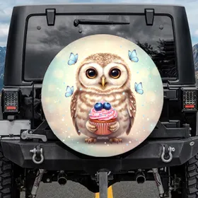 Baby Owl Pink Frosted Cupcake Blueberries Sprinkles Blue Butterflies - Animal Lover Gift Spare Tire Cover