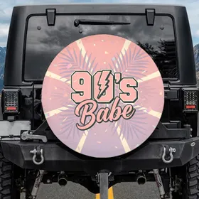 90s Babe Distressed Text Palm Leaf Light Rays Geometric Shapes - Nostalgic Era Gift for Her Spare Tire Cover