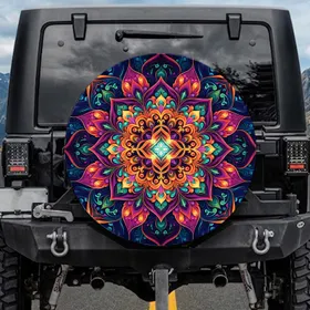 Psychedelic Mandala Petals Organic Swirls Radiating Layers Central Focus - Boho Car Decor Gift Spare Tire Cover