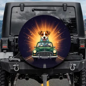 Cheerful Cartoon Jack Russell Dog Driving Green Vintage 1950s Car - Dog Lover Gift Spare Tire Cover