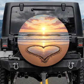 Heart Wet Sand Beach Sunset Ocean - Coastal Vehicle Decor Gift Spare Tire Cover