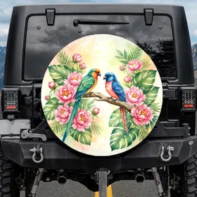 Tropical Birds Peony Flowers Tropical Leaves Branch - Nature Lover Car Decor Gift Spare Tire Cover