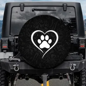 White Paw Print Heart Love Symbol - Pet Lover Car Accessory Gift for Animal Lovers Spare Tire Cover