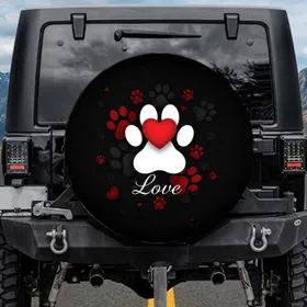 White Paw Print Red Heart Love Script Black Background Paw Prints Hearts - Paw Lover Gift Spare Tire Cover