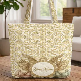 Winged Angelic Figure Classical Busts Baroque Scrollwork Medallion Everyday Carry Gift Quilted Tote Bag